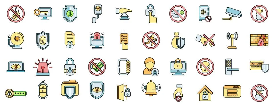 Stop theft icons set vector color line Stock Illustration