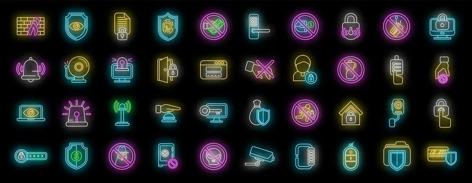 Stop theft icons set vector neon Stock Illustration