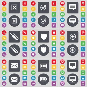 Stop, Tick, Chat bubble, Microphone connector, Badge, Plus, Message, Battery, Mo Stock Illustration