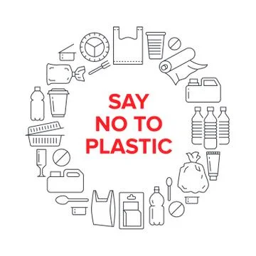 Stop using plastic circle template with flat line icons. Polyethylene pollution Stock Illustration