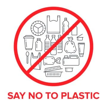 Stop using plastic circle template with flat line icons. Polyethylene pollution Stock Illustration