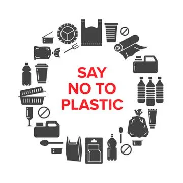 Stop using plastic circle template with flat glyph icons. Polyethylene pollution Stock-Illustration