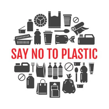 Stop using plastic circle template with flat glyph icons. Polyethylene pollution Stock Illustration