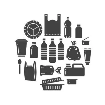 Stop using plastic circle template with flat glyph icons. Polyethylene pollution Illustrazione stock