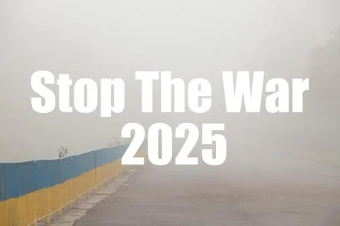 Stop the war 2025 is written on the background of a fence in the colors of th Stock Photos
