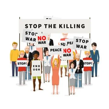 Stop war demonstration, crowd of people with posters, flat illustration on white Illustrazione stock