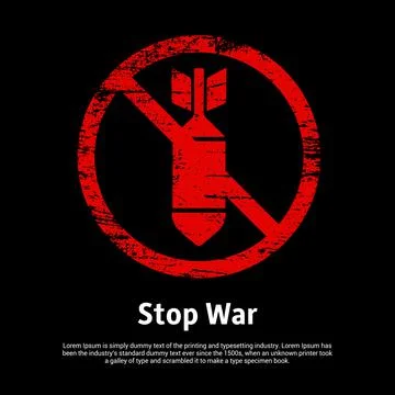 Stop war designs with missile bomb isolated on black background. Stock Illustration