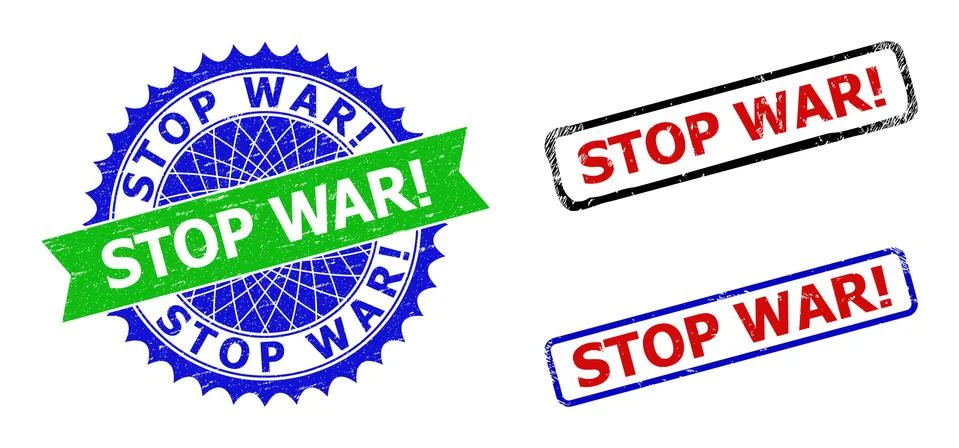 STOP WAR Exclamation. Rosette and Rectangle Bicolor Watermarks with Scratched Illustrazione stock