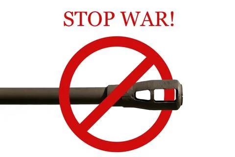 STOP WAR sign. Muzzle brake of a artillery cannon crossed out of red prohibition Stock Photos