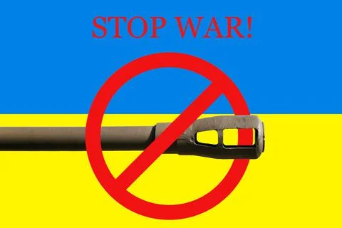 STOP WAR sign. Muzzle brake of a artillery cannon crossed out of red prohibition Stock Photos