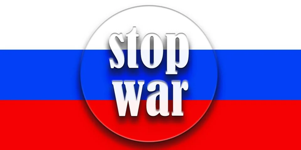 Stop war text in round button over russian flag background. Stock Illustration