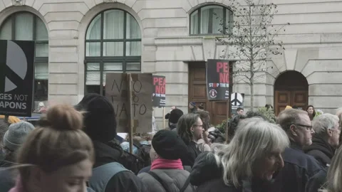 Stop the War in Ukraine Protesters with Placards, Gathering Before Stock Footage 234279323