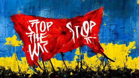 STOP THE WAR Written with Red Splatter Color on Ukraine Flag Stock Illustration