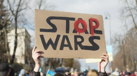 Stop Wars Posters And Banners, Girl Stands On Demonstration, Protest, War Stock Photos