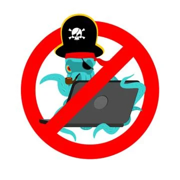 Stop Web pirate Octopus and laptop. Ban sign poulpe internet hacker and PC. P Illustrazione stock