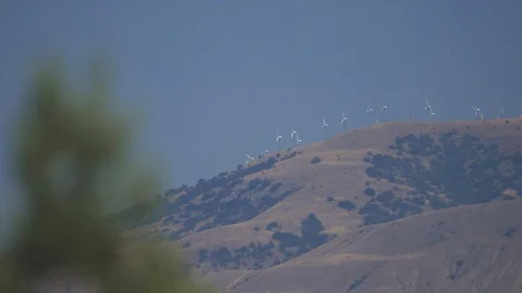 Stop Wind generators on hill Drought landscape around Stock Footage 119885779