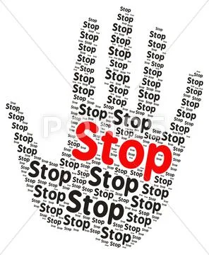 Stop word cloud in the shape of a open palm Stock Illustration