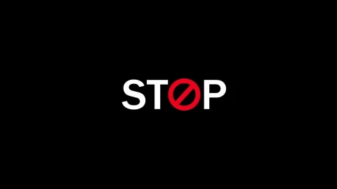 STOP Word with Red Prohibition Sign Over the Letter O on animation Black Ba.. Stock Footage 321996973