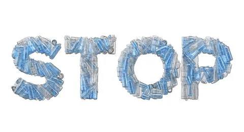 Stop word spelt out in empty plastic bottle font. 3D Rendering Stock Illustration