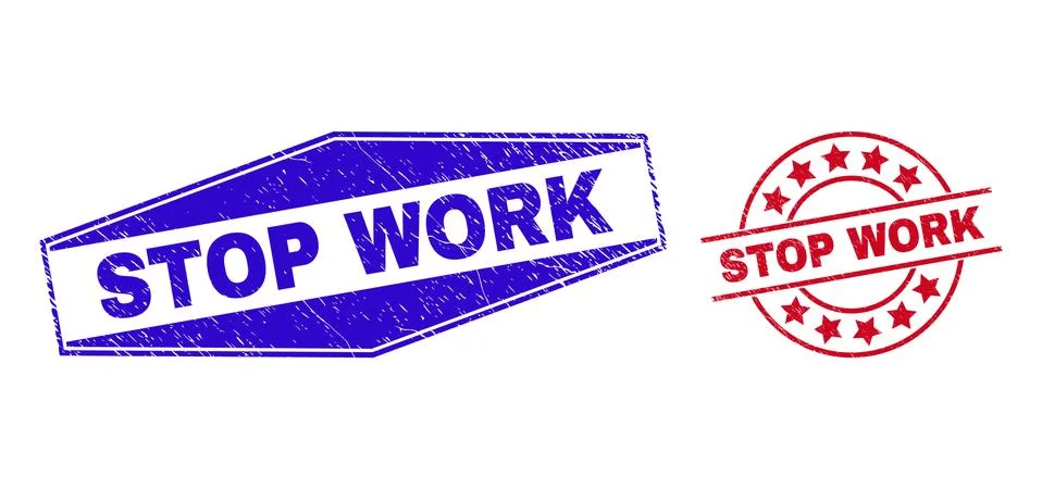 STOP WORK Scratched Badges in Circle and Hexagonal Shapes Stock Illustration