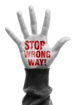 Stop Wrong Way Hand with Stop Wrong Way text is isolated on white backgrou... Stock Photos