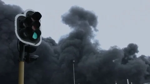 Stoplight with toxic smoke behind. Stock Footage 74143037