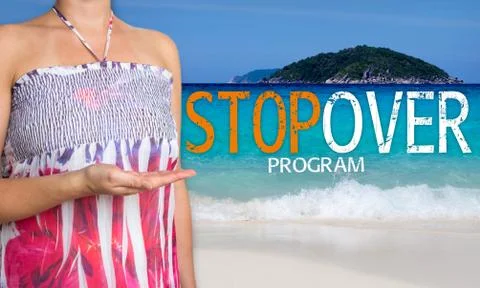 Stopover program concept is presented by woman on the beach Stock Photos