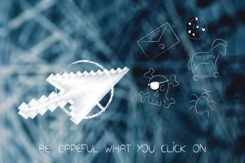 Stopped mouse pointer prevented from clicking on cyber threat icons Stock Illustration
