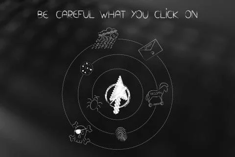 Stopped mouse pointer surrounded by spinning cyber threat icons Stock Illustration