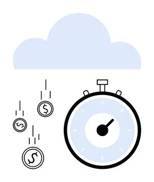 Stopwatch and Falling Coins from Cloud Representing Time and Money Concept Illustrazione stock