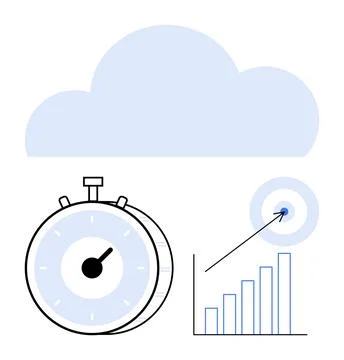 Stopwatch, bar chart, target with arrow under cloud. Ideal for productivity,  Stock Illustration
