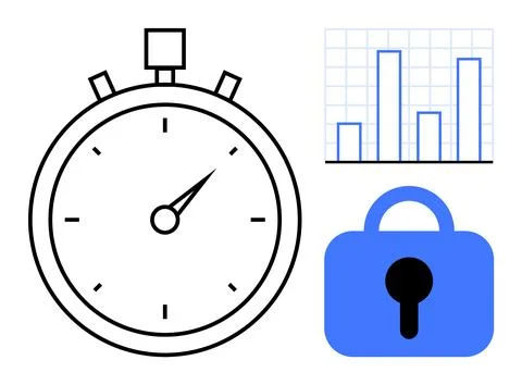 Stopwatch with Bar Graph and Padlock Reflecting Time Management and Data Se.. Stock Illustration