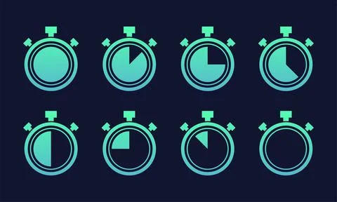 Stopwatch big icons set. Timer symbols on dark blue background. Different tim Stock Illustration