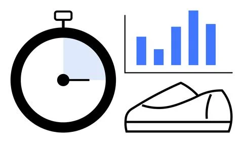 Stopwatch, blue bar graph, and simple running shoe. Ideal for fitness, perfor 스톡 일러스트
