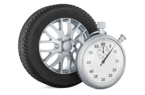 Stopwatch with car wheel, 3D rendering Stock Illustration