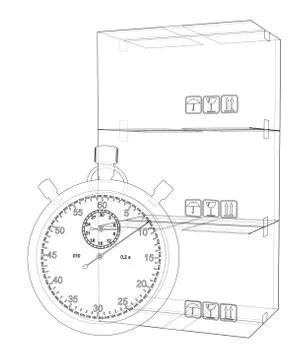 Stopwatch with cardboard box sketch. Vector Illustrazione stock