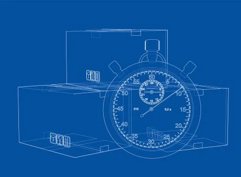 Stopwatch with cardboard box sketch. Vector Stock Illustration