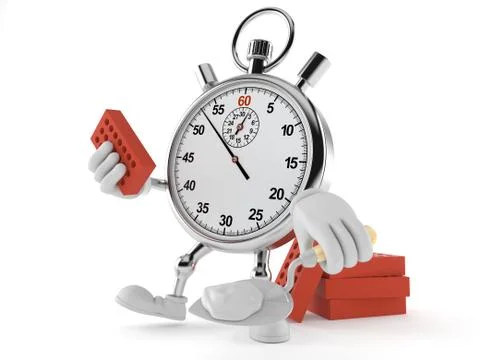 Stopwatch character with bricks and trowel Ilustración de archivo