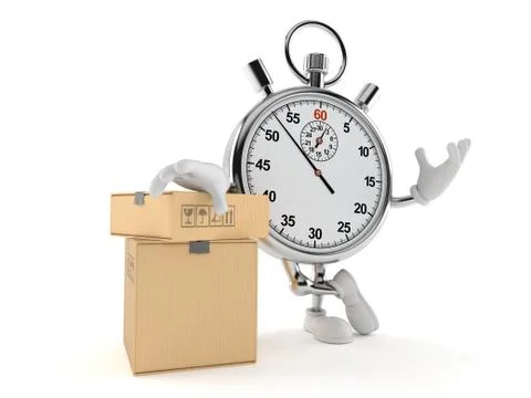 Stopwatch character with stack of boxes Stock Illustration