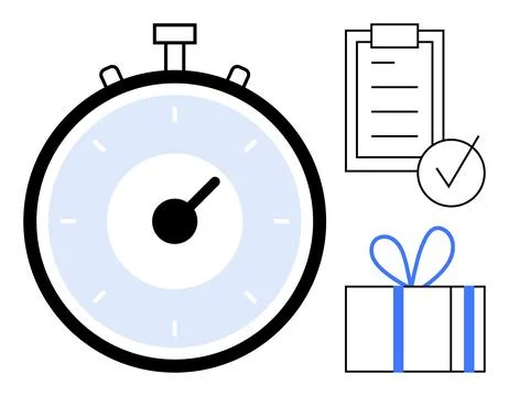 Stopwatch, checklist with checkmark, and gift box tied with a blue ribbon. Id Stock Illustration
