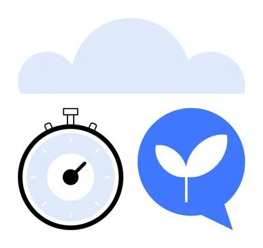 Stopwatch, Cloud, and Leaf Speech Bubble Illustrating Time, Growth, and Con.. イラスト素材