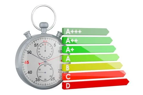 Stopwatch with energy efficiency chart. Time saving energy resource concept.. Stock Illustration