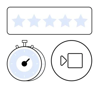 Stopwatch, five-star rating bar, and play-pause media button symbolize produc 스톡 일러스트