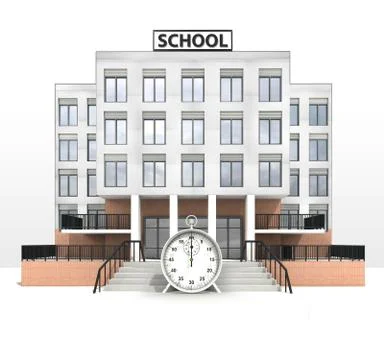 Stopwatch in front of modern school building illustration Ilustración de archivo