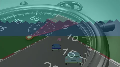 Stopwatch hand sweeping starting light-blue car following yellow car while cars Stock Footage 329240215