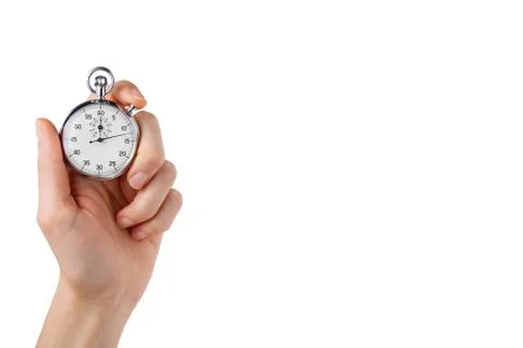 Stopwatch hold in hand, button pressed, white background Stock Photos