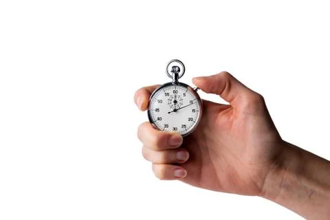 Stopwatch hold in hand, button pressed Stock Photos