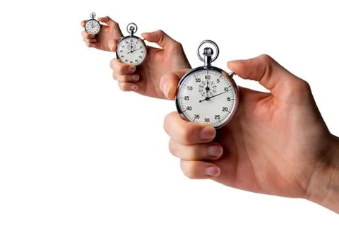 Stopwatch hold in hand, button pressed Stock Photos