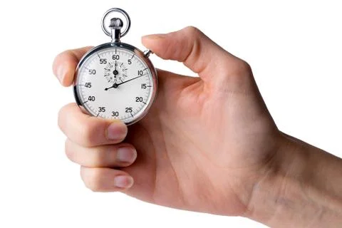 Stopwatch hold in hand, button pressed Stock Photos
