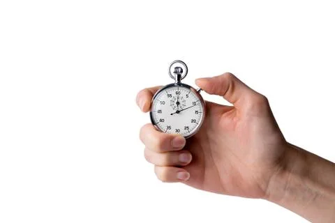 Stopwatch hold in hand, button pressed Stock Photos